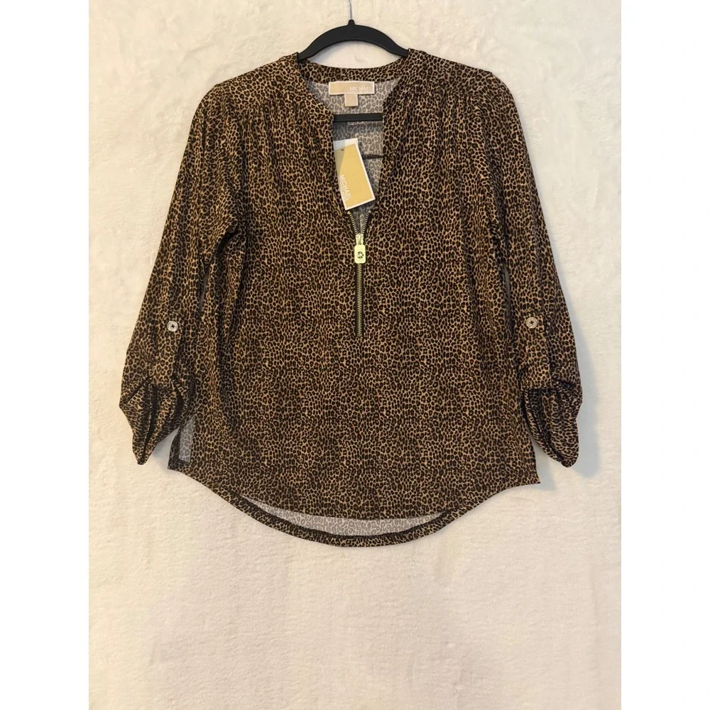 Michael Kors Leopard Print Blouse NWT Women Size S Dark Camel Zip Roll Tab Top